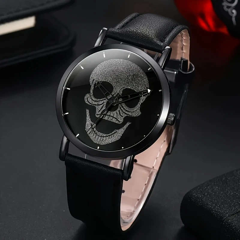 4pcs New Men'S Personalized Skull Pattern Black Quartz Watch Stylish Bracelet Set a Father'S Day Gif