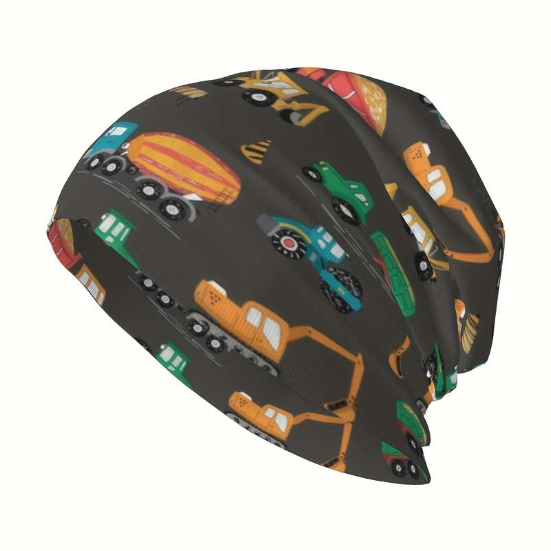 1pc Cute Cartoon Construction Vehicles Knit Cap for Men Elastic Bandeau Hat Lightweight Polyester
