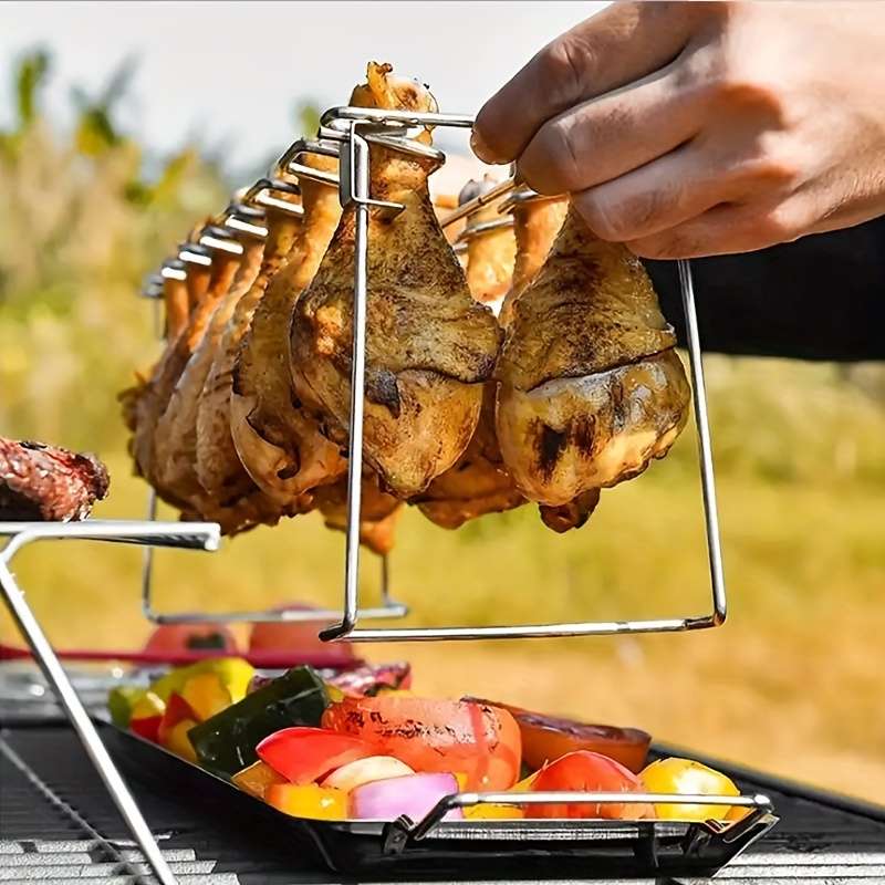 Stainless Steel Chicken Leg Wing Rack Foldable Vertical Roaster Stand for BBQ Smoker Oven