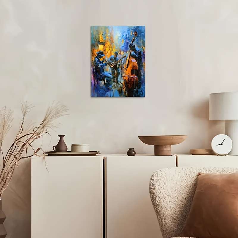 1pc Vibrant Jazz Musicians Canvas Art 30.48x40.64 cm Framed Wall Decor with Wooden Frame Blue