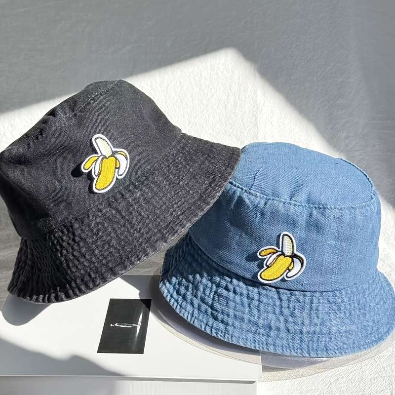 1pc Unisex Embroidered Banana Bucket Hat 100% Polyester Denim Fisherman Cap Soft Washed Fabri