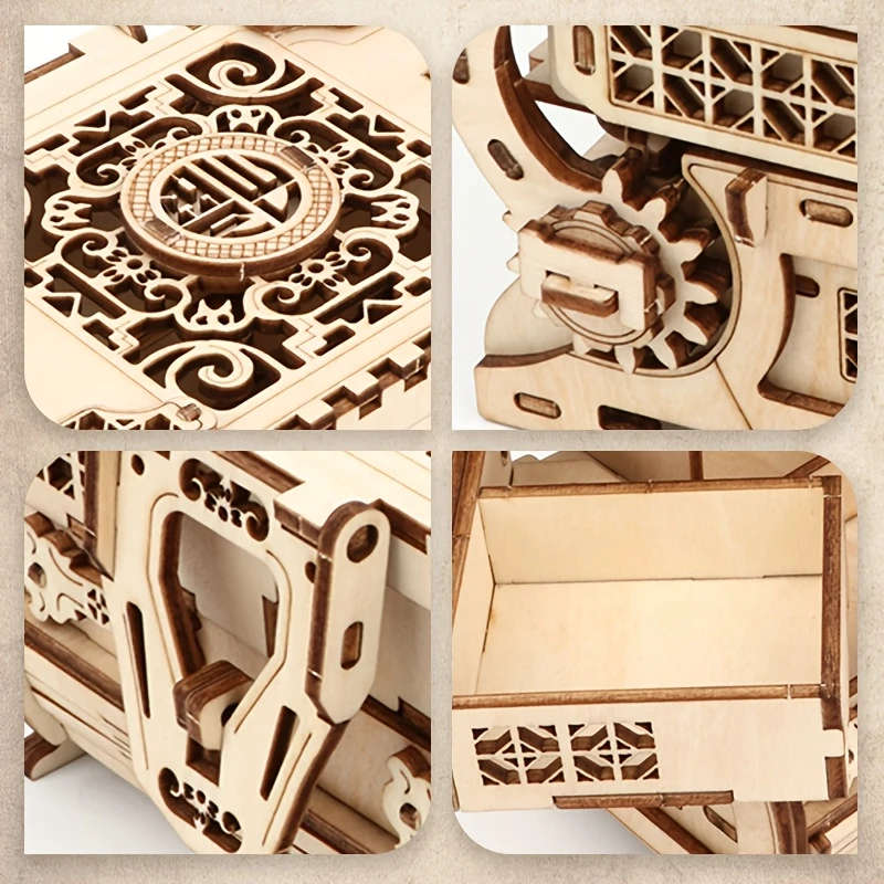 1pc DIY 3D Wooden Puzzle Jewelry Box Handcrafted Khaki Mechanical Treasure Chest with Intricate Desi