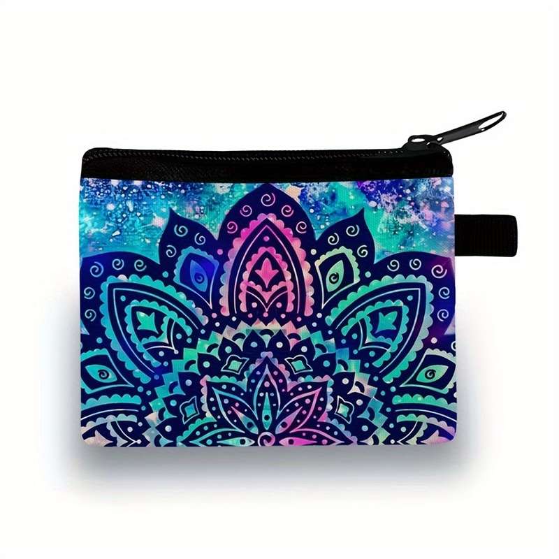 1pc Stylish Mandala Print Zipper Pouch Lightweight Durable Polyester Coin Purse with Vibrant Flor