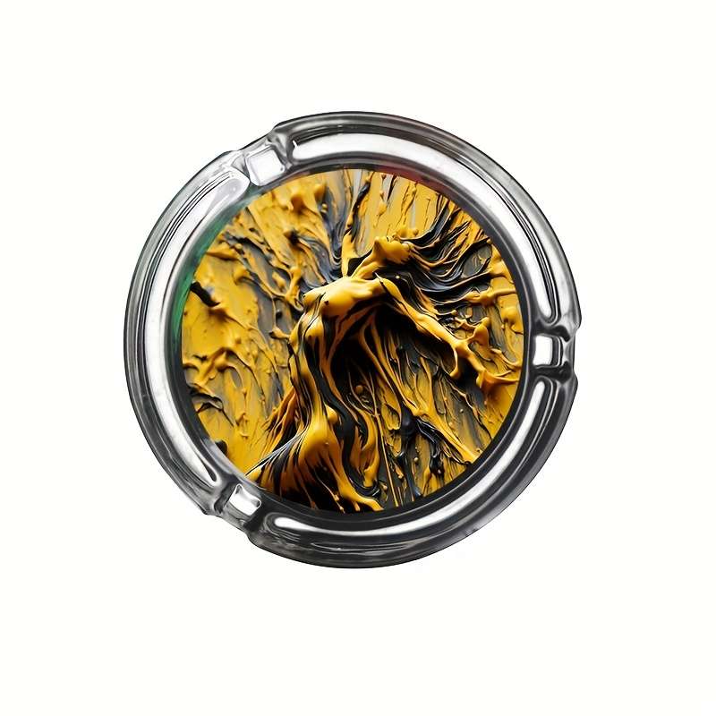 1pc Creative Art Glass Ashtray Yellow Round Holiday Gift Ashtray Fashionable and Popular Theme V