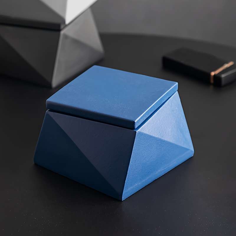1pc Modern Geometric Stone Ashtray with Lid Light Blue Black Handcrafted Perfect for Indo