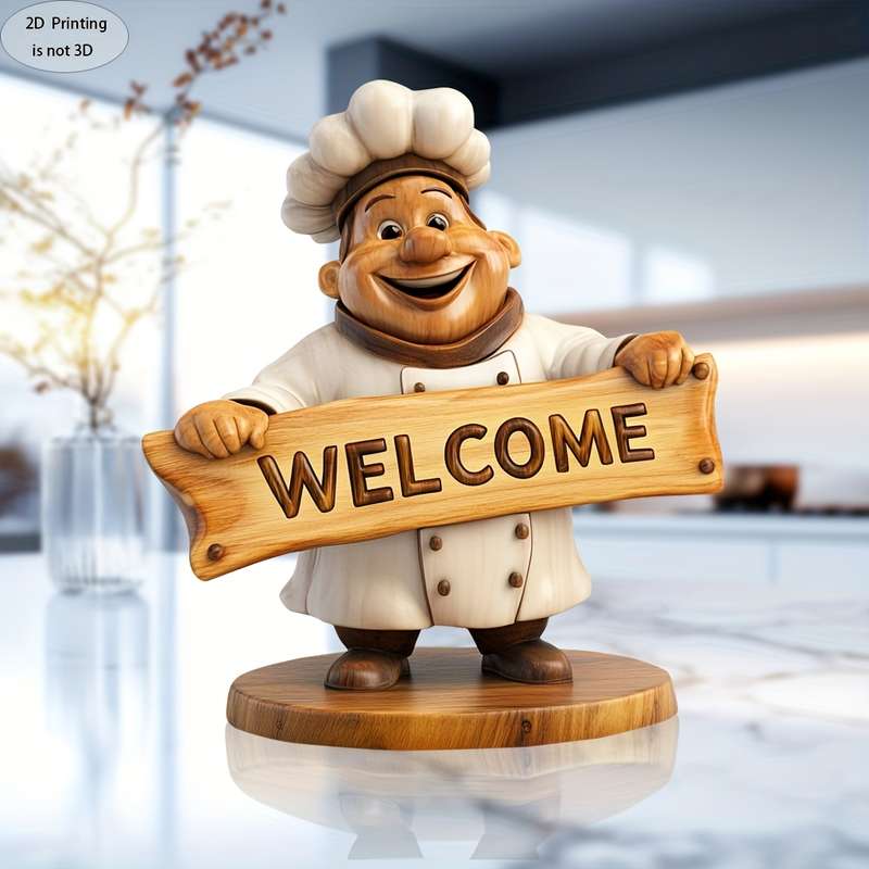 1pc 2D Flat Handmade Wooden Welcome Sign Sculpture with Chef Figurine Elegant 2D Printed Home T