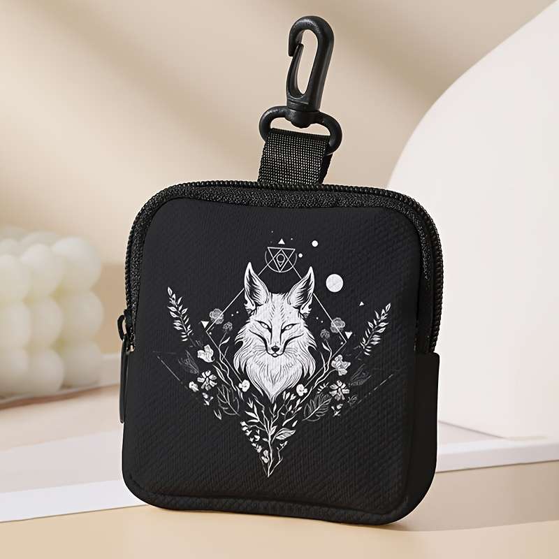 1pc Large Capacity Coin Wallet with Black and White Wolf Pattern Digital Print Storage Bag Multif