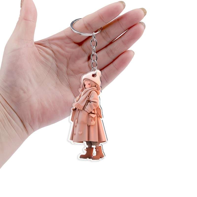 1pc 2D Flat Acrylic Trendy Winter Cartoon Female Keychain Pendant
