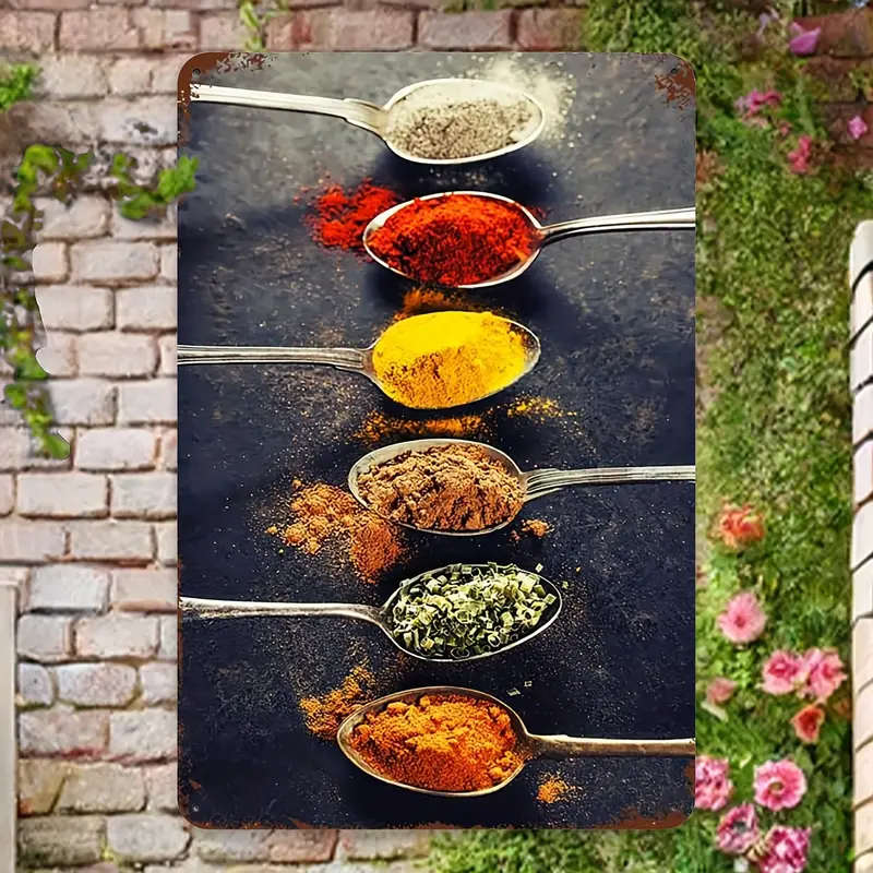 1pc Vintage Kitchen Spice Poster Spoon Metal Tin Sign Rectangular Aluminum Wall Art for Home Restaur
