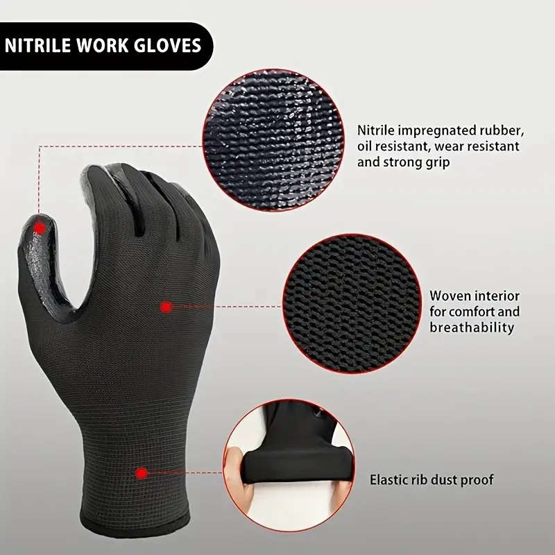 8pcs Durable Black Work Gloves Size XL Non-Slip Tear-Resistant PU Coated Palm for Gardening Construc