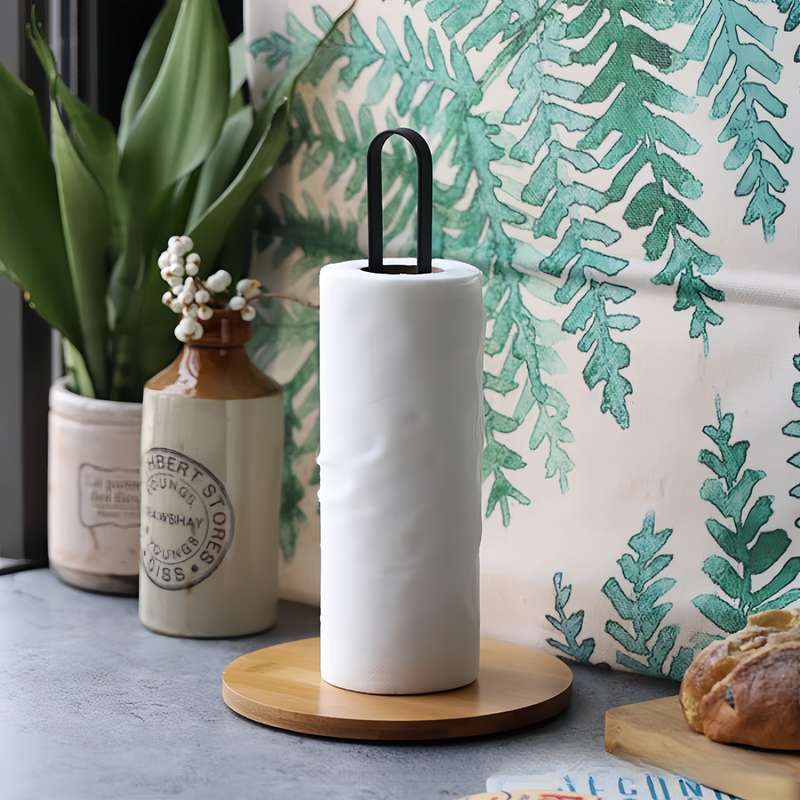 1pc Black Bamboo Kitchen Paper Towel Holder Vertical Storage Rack for Countertop Metal Tiss