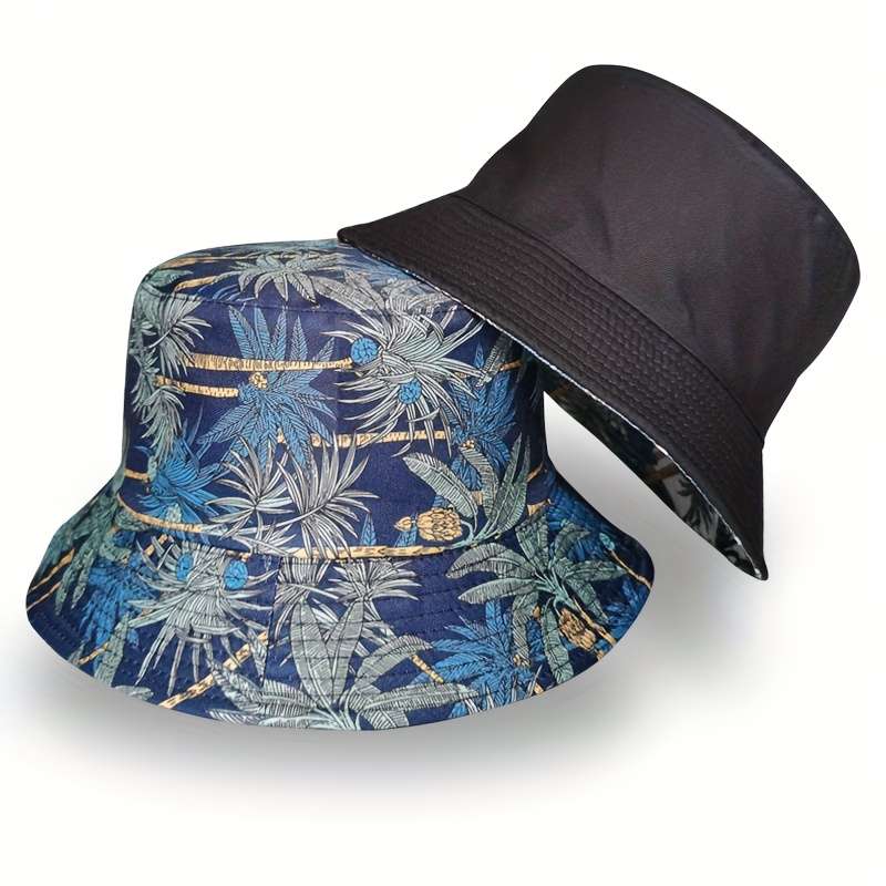 1pc New Korean version of leaf fisherman hat with coconut tree double-sided bucket hat for men and