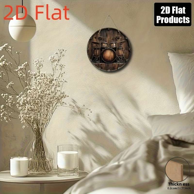 1pc 2D Flat 20.32x20.32 cm Drum-Themed Round Wooden Wall Art Frameless Rustic Metallic Finish I