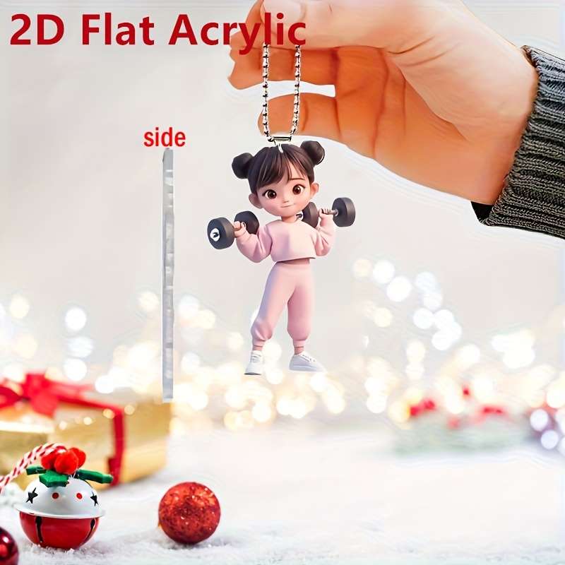 1pc 2D Flat  Acrylic Girl Lifting Dumbbells Pendant Boho Fitness Charm for Car Rearview Mirror B