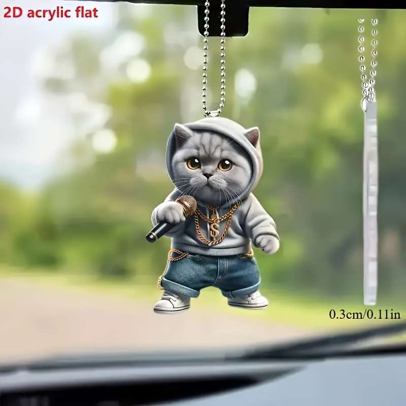 1pc 2D Flat   Acrylic Microphone Blue Cat Car Hanging Pendant for Rearview Mirror Keychain D