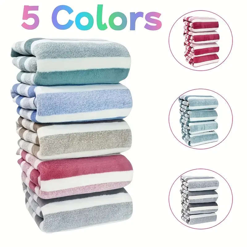 5Piece Ultra-Soft Coral Fleece Towel Set Quick-Dry Striped for Shower Sports Travel Yoga Premium Pol