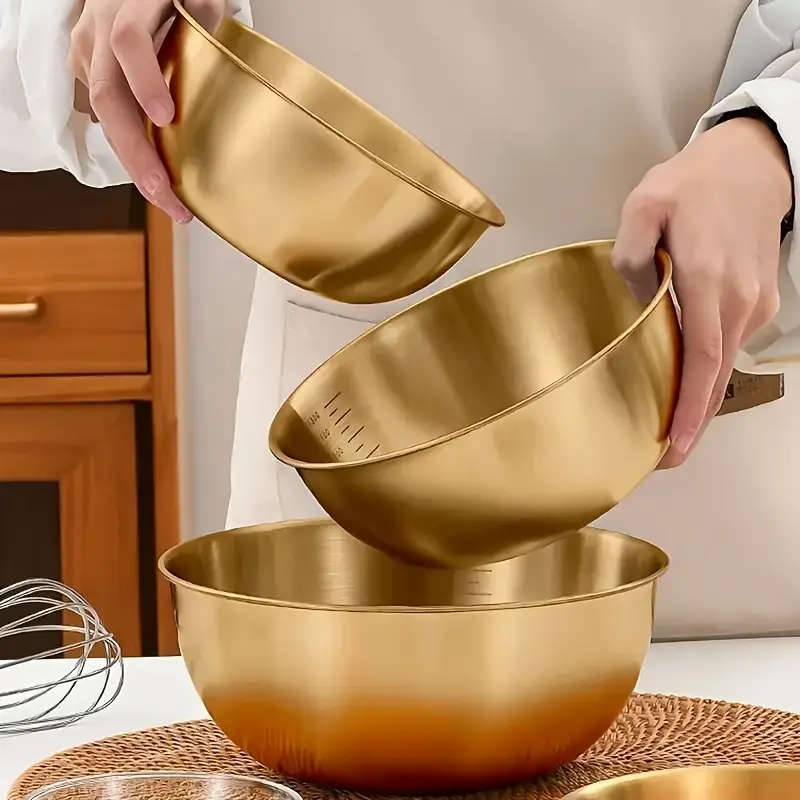 3pcs Golden Stainless Steel Mixing Bowls Set with Measurements Rust-Resistant Non-Slip Durable Kitch