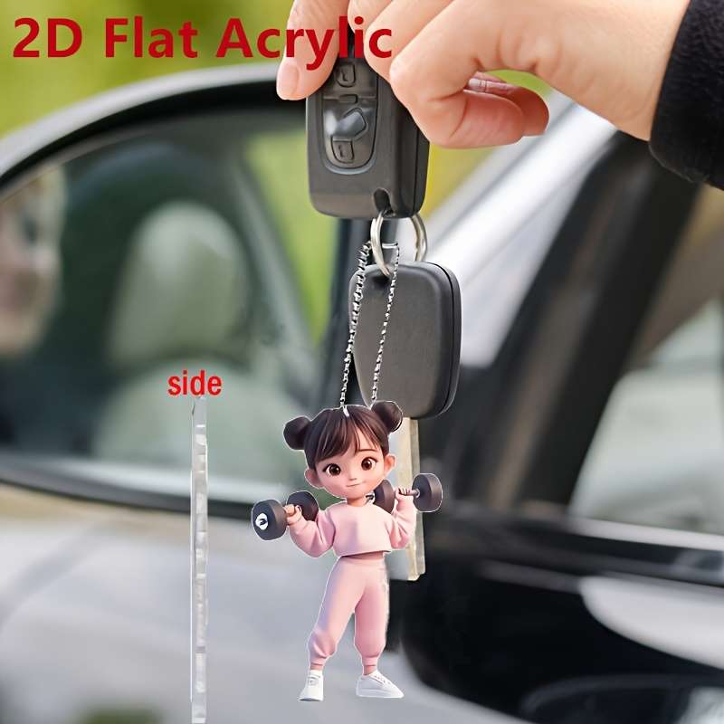 1pc 2D Flat  Acrylic Girl Lifting Dumbbells Pendant Boho Fitness Charm for Car Rearview Mirror B