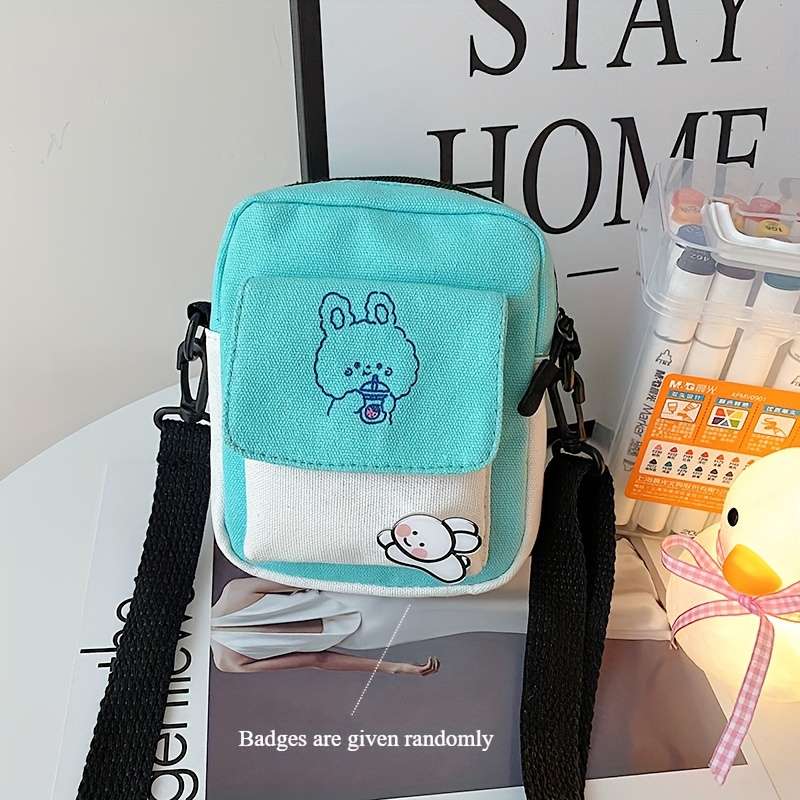 1pc Cute Bunny Canvas Crossbody Bag for Girls Simple Shoulder Messenger with Color-Block Desi