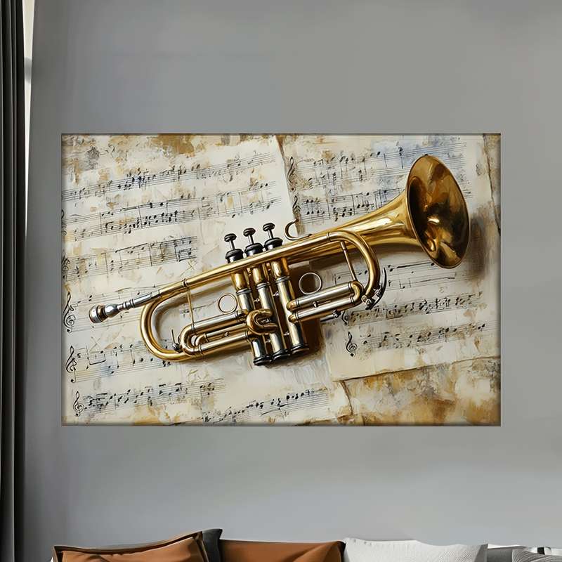 1pc 2D Flat  Unframed Canvas Art Golden Trumpet with Music Notes Abstract Music-Themed Wall