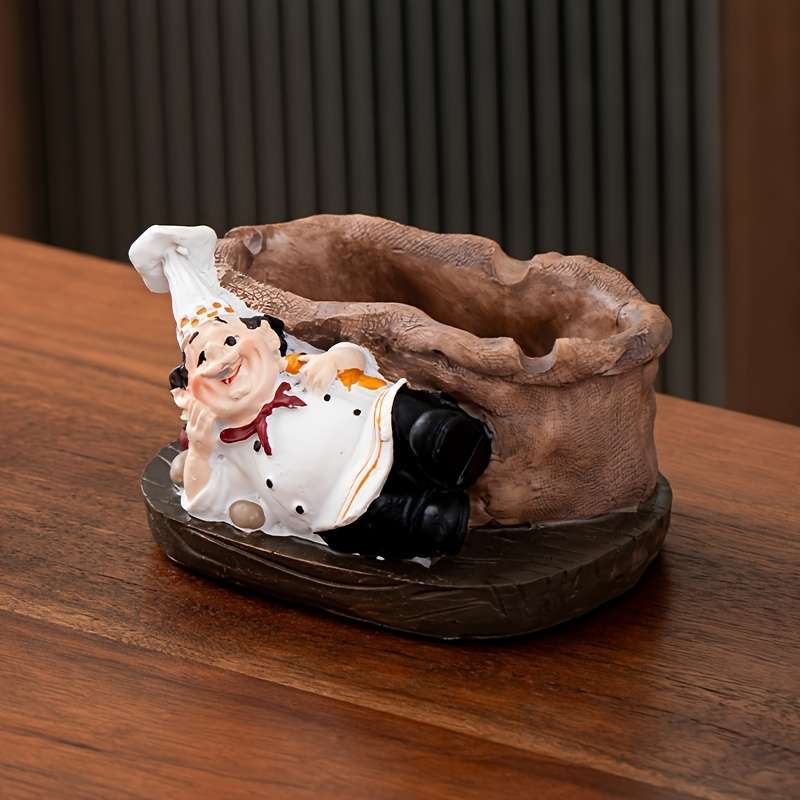 1pc Vintage Chef Ashtray Resin Food-Themed Oval Shape No Power Needed Home Kitchen Deco