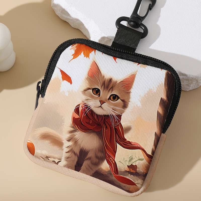 1pc Chic Maple Leaf Kitten Print Coin Purse Spacious Zippered Wallet with Key Holder Ideal Gif