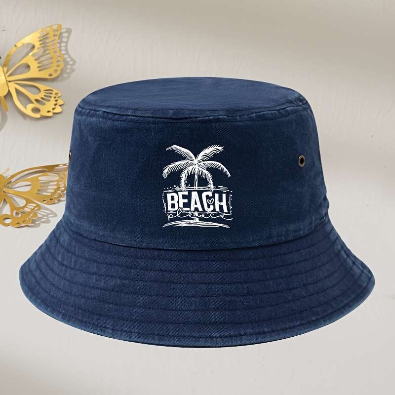 1pc Vintage Washed Grey Beach Bucket Hat with Palm Tree Print Unisex Sun Protection Fisherman Cap