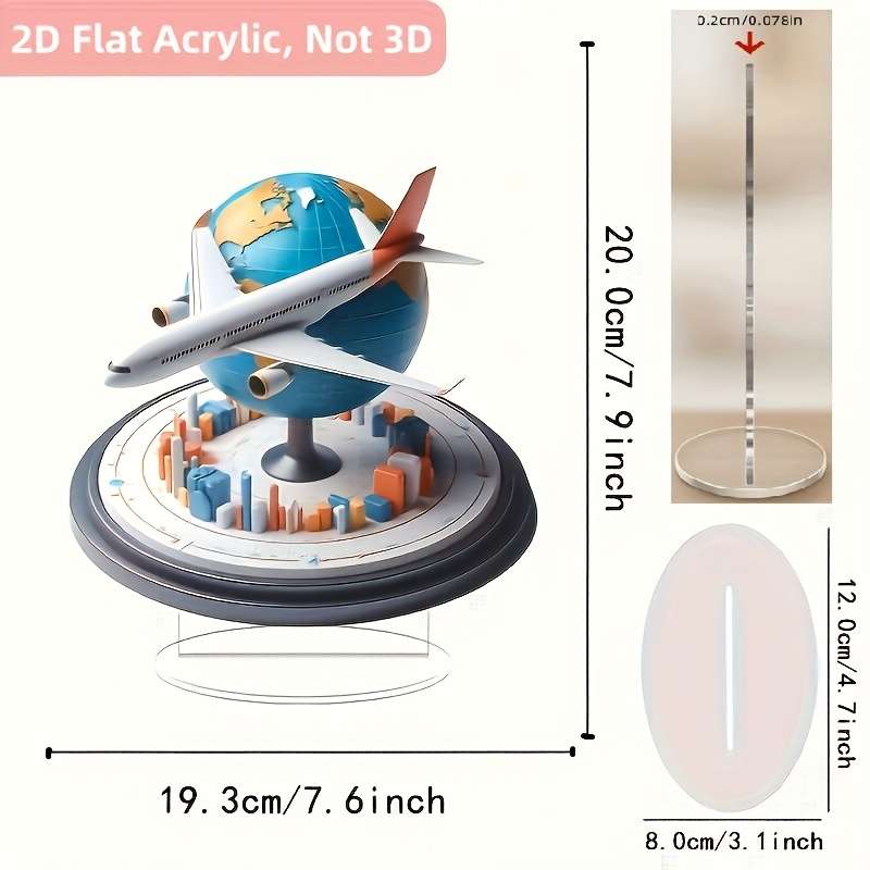 1pc 2D Flat  Acrylic Airplane Globe Desk Decor Modern Cityscape Design with Airplane Earth Idea