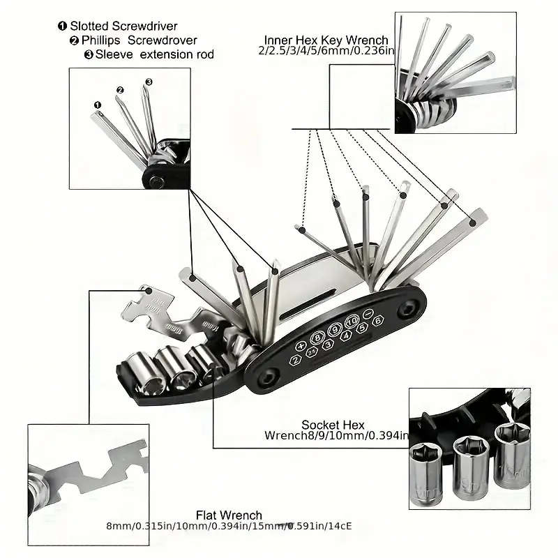 1pc 16in1 Stainless Steel Bike Multitool Portable Multi-Purpose Hex Wrench Pocket-Sized Adjustable B