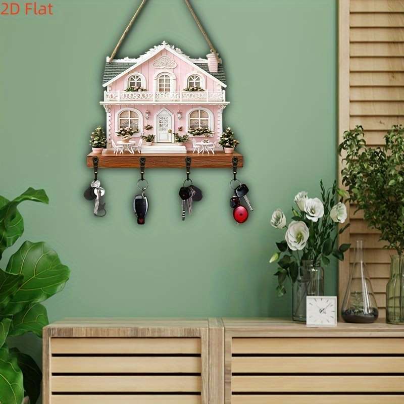2D Flat Pink Cottage Wooden Key Holder with 4 Metal HooksCharming Wall Decor for Home Porch and