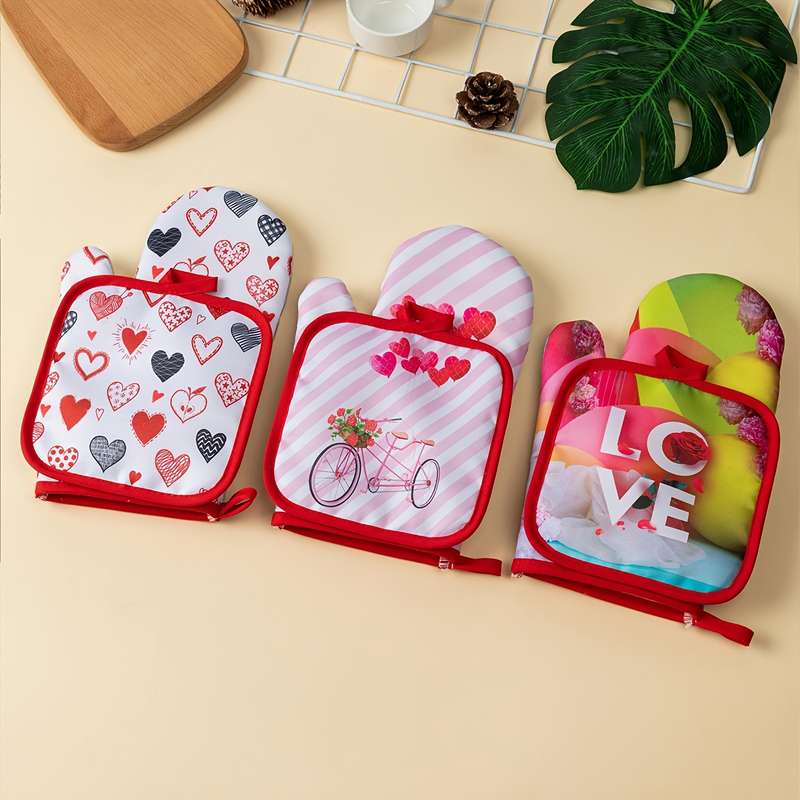 2pcs Valentine'S Day Kitchen Oven Gloves Set Polyester 100% Heat Resistant Baking Mitts Digit