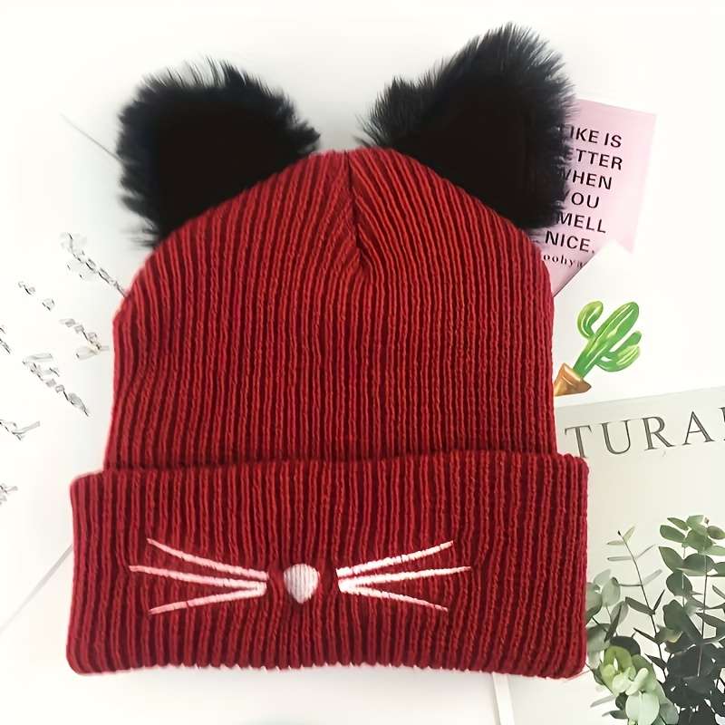 1pc Women's Cute Cat Ear Knit Beanie with Embroidery Acrylic Stretch Skull Cap for Winter Warmth