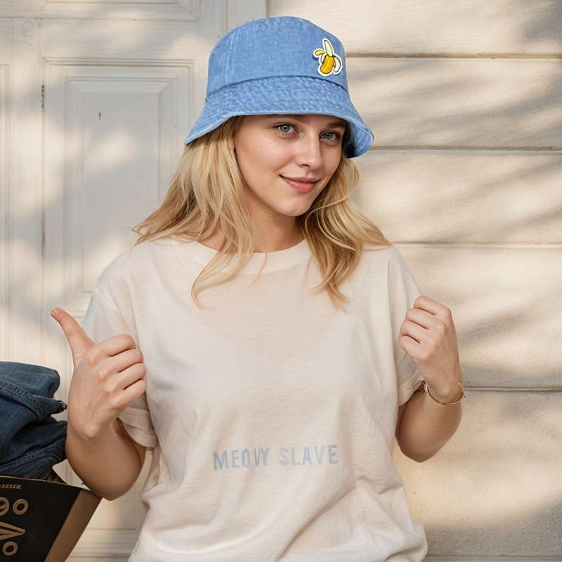 1pc Unisex Embroidered Banana Bucket Hat 100% Polyester Denim Fisherman Cap Soft Washed Fabri