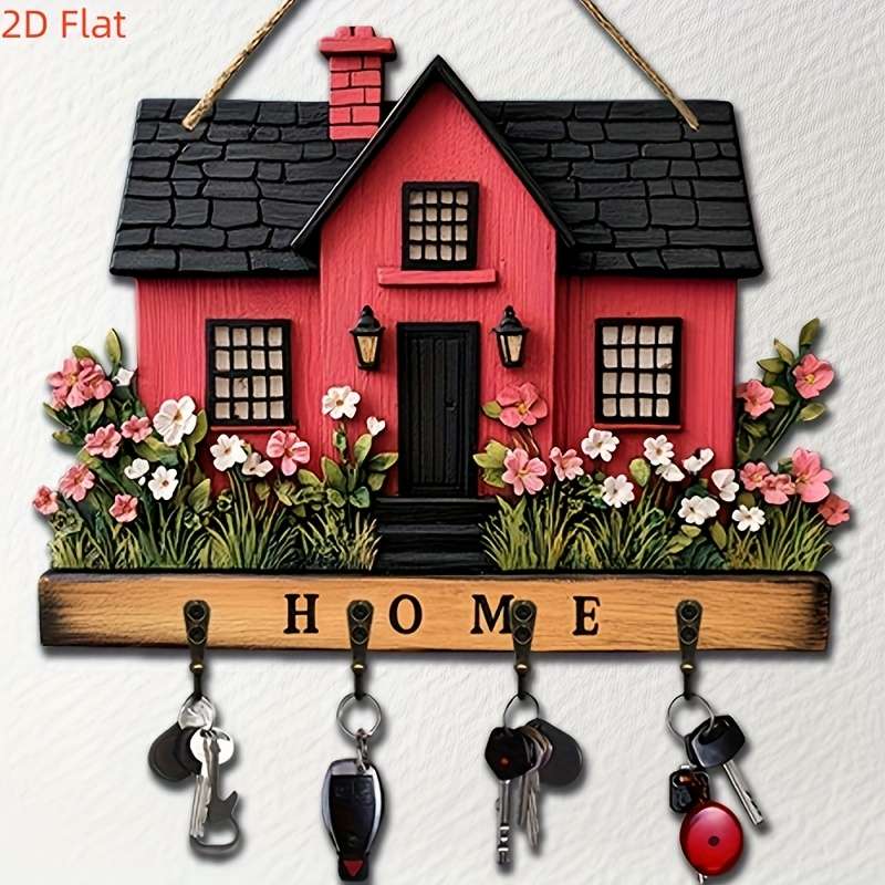 A Wooden Key Holder Featuring a Romantic Floral And Cottage Design with 4 Metal Hooks in a Bohemia
