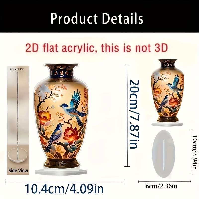 1pc 2D Flat   Painting Elegant Acrylic Material Vase with Colorful Floral and Bird Design