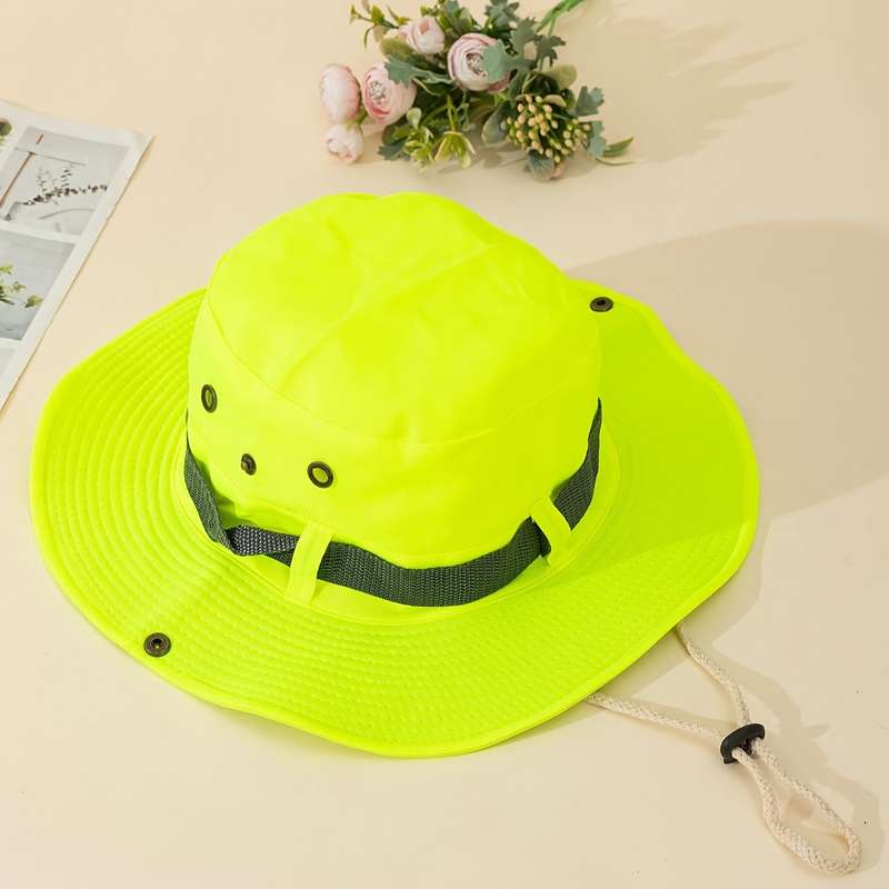 1pc Bright Neon Green Western Cowboy Bucket Hat with Black Mesh Band Breathable Sun-Protective W
