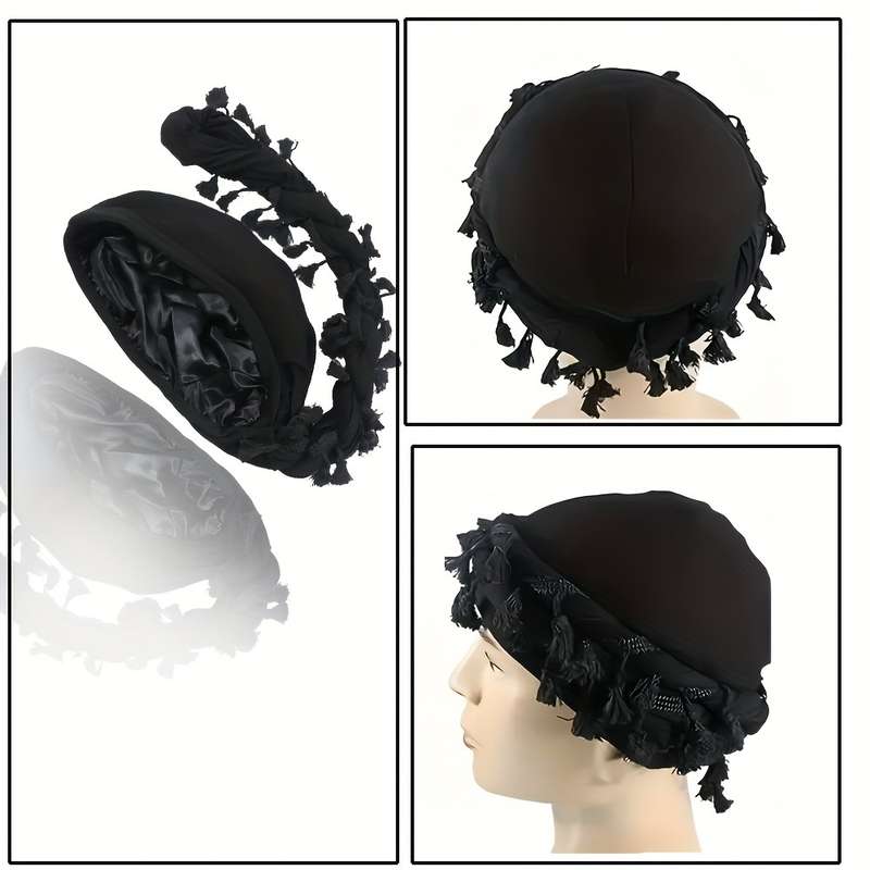 1pc Men's Maroon Tassel Braid Beanie Double Layer Hip Hop Style Soft Satin Lining Breathable Po