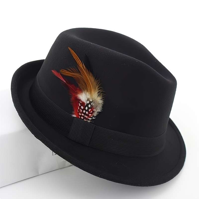 1pc Unisex Classic Cotton Blend Fedora Hat with Feather Breathable Short Brim Felt Panama Dress Ca