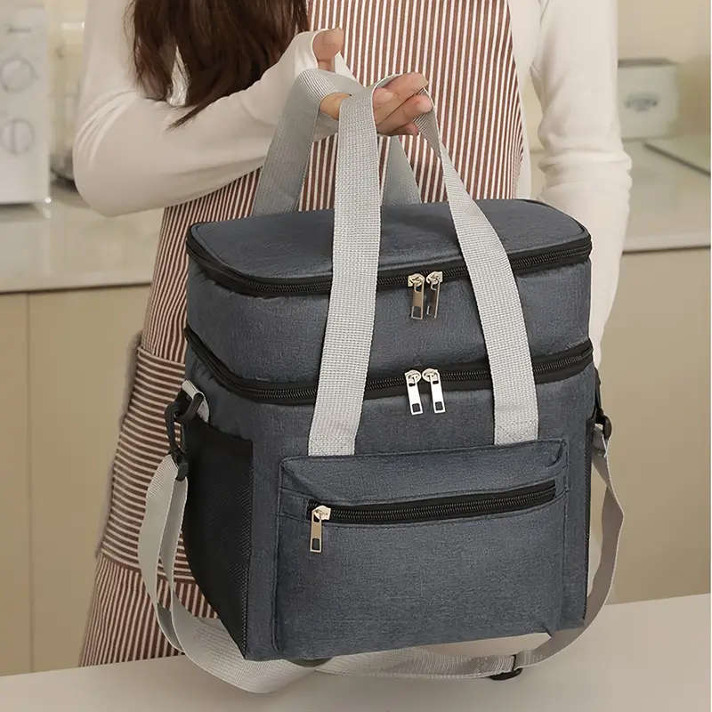 1pc Large Insulated Lunch Bag Double-Layer Leakproof Reusable Cooler Tote for Picnics Travel