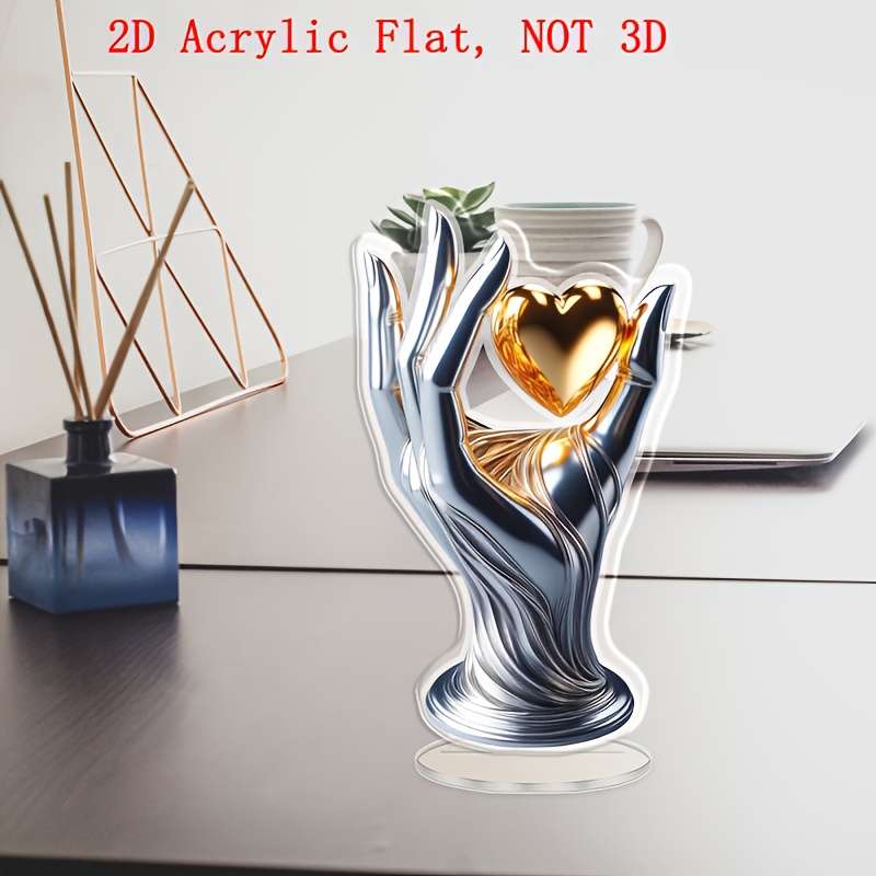 1pc 2D Flat  Luxurious  Acrylic Hand Holding Heart Decorative Sculpture Glossy Metallic Finish