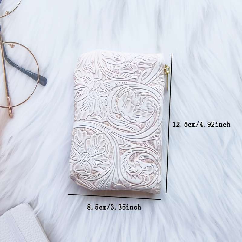 1pc Vintage Floral Embossed Faux Leather Coin Purse Fashion Hard Shell Zippered Key Pouch No