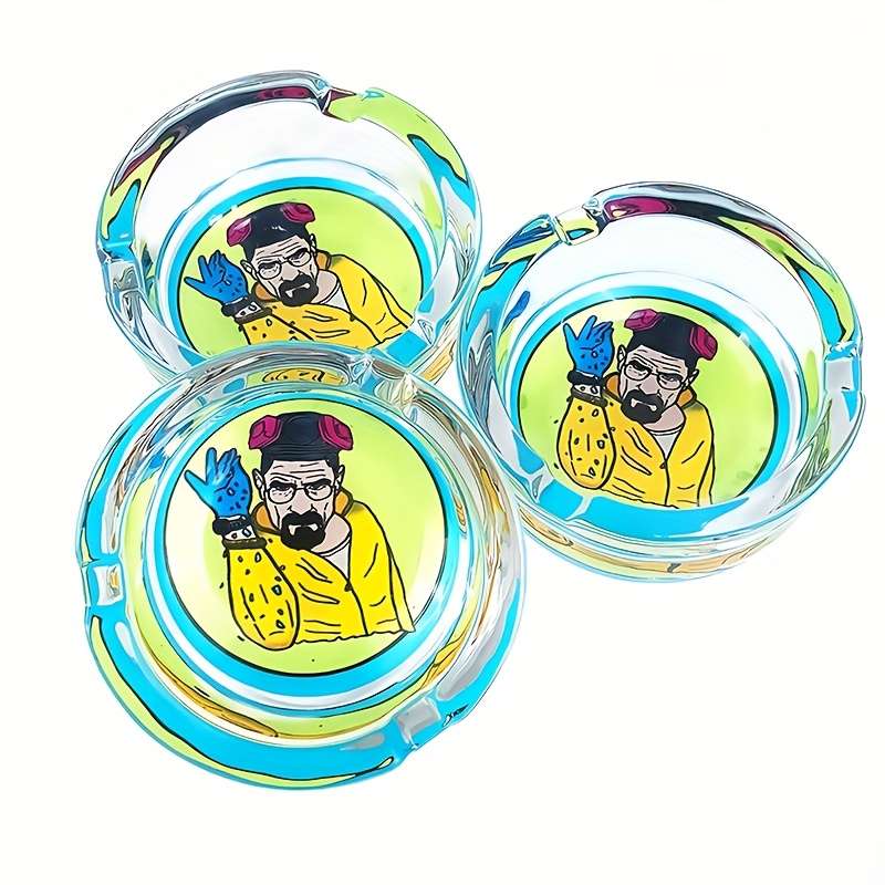 1pc 8.48cm Round Glass Ashtray with Stylish Cartoon Design C Transparent Smoking Accessory for Home