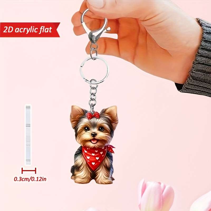 1pc 2D Flat   Cute Yorkshire Terrier Pattern Keychain Novel Acrylic Design Key Chain Decoration