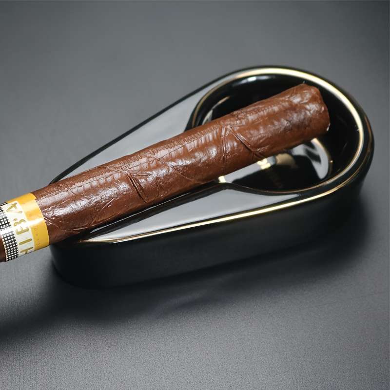 1pc Elegant Ceramic Cigar Ashtray with Golden Accents Portable Round Design for Home Use Ideal