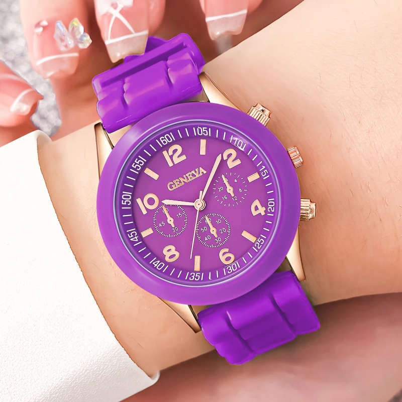 2pcs Fashionable Silicone Quartz Watch Heart Charm Bracelet Set Purple Rose Golden Case with World