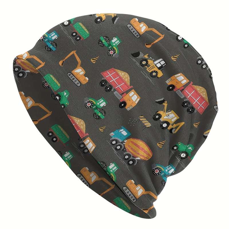 1pc Cute Cartoon Construction Vehicles Knit Cap for Men Elastic Bandeau Hat Lightweight Polyester