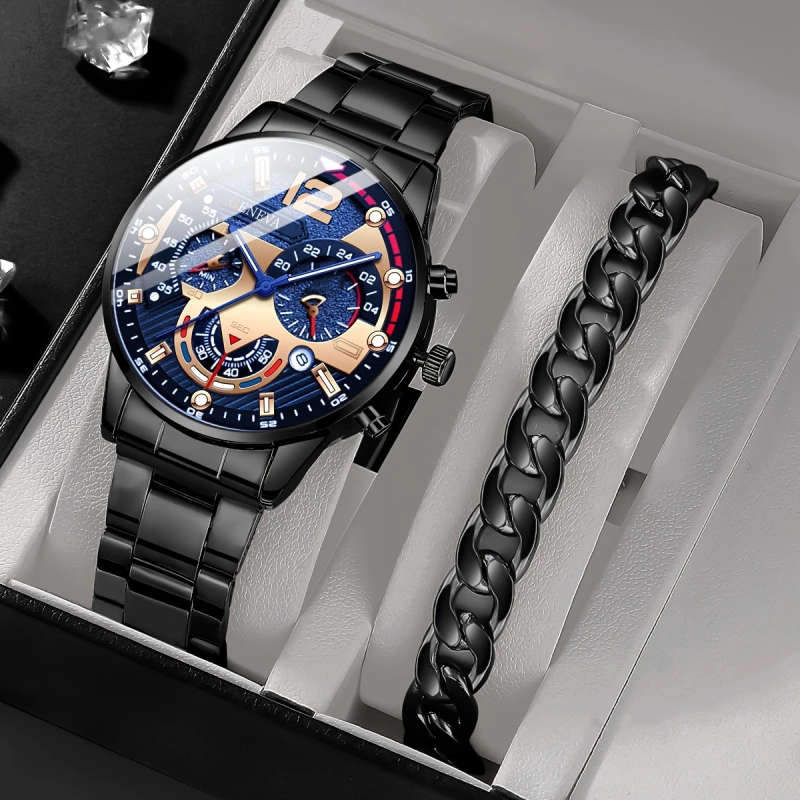 2pcs set Men'S Casual Quartz Watch Alloy Round Dial Battery Powered Electronic Movement Pointer Disp