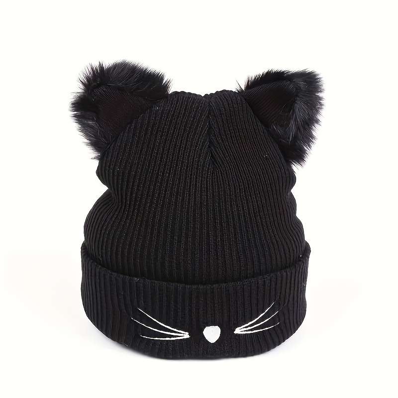 1pc Women's Cute Cat Ear Knit Beanie with Embroidery Acrylic Stretch Skull Cap for Winter Warmth