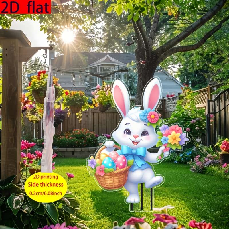 1pc 2D Flat   Bohemian Milk White Rabbit Garden Stake Vibrant Acrylic Outdoor Decor for Pa