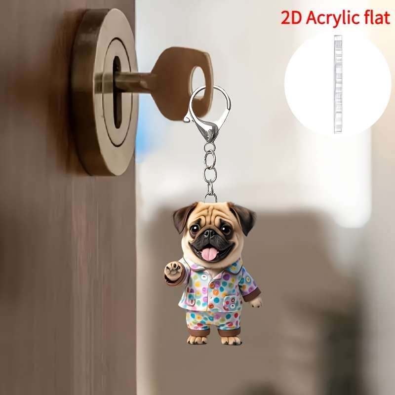 1pc 2D Flat   Keychain  Cute Pajamas Pug  Acrylic Keychain Cute Flat Keychain Ornament
